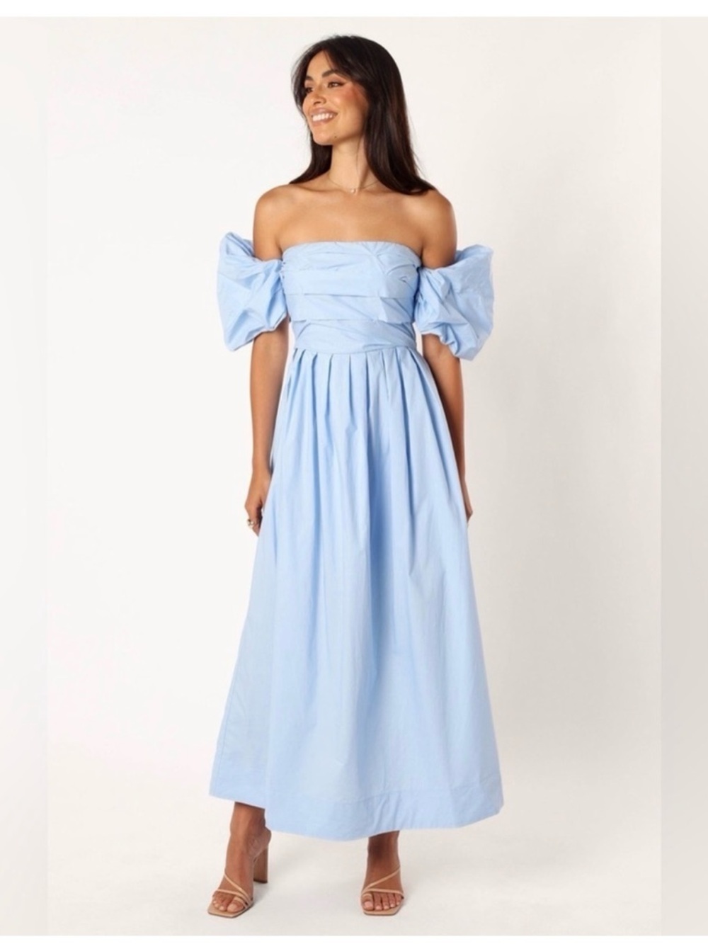 NEW PETAL & PUP SOLANA OFF SHOULDER MIDI DRESS - BLUE SIZE 2 B3052